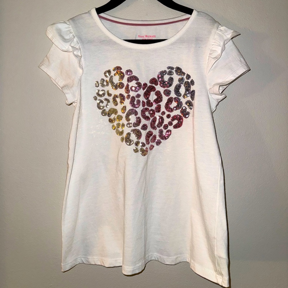 Isaac Mizrahi, like new girls top with pink leopard print sequins , size 7/8